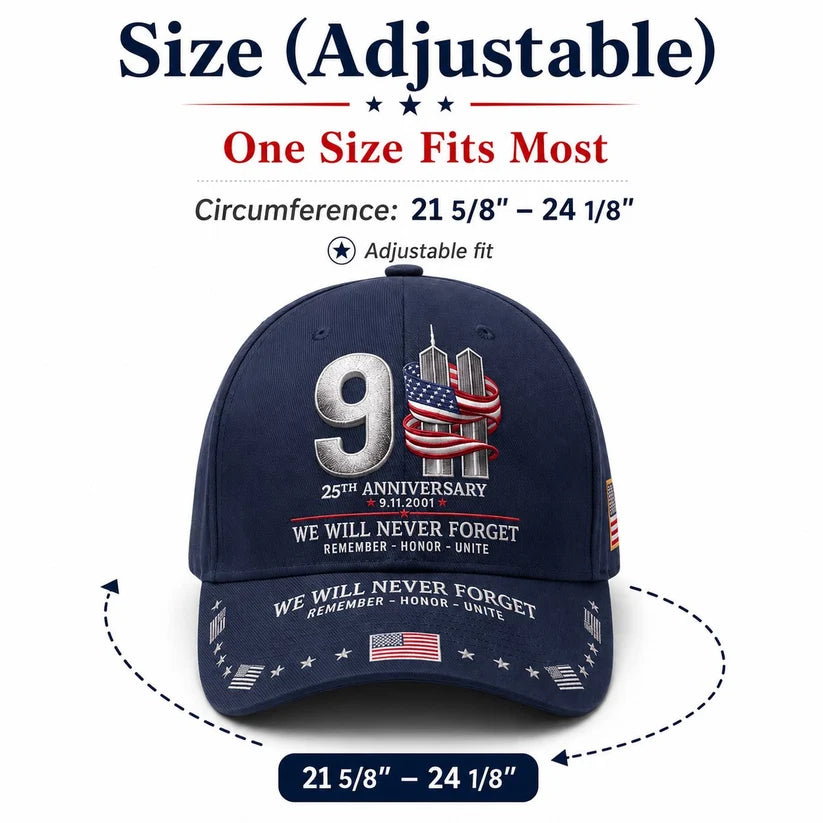 🔥LAST DAY 50% OFF - 9/11 25th Anniversary We Will Never Forget Embroidered Style 3D Print Memorial Baseball Cap – Unisex Patriotic Memorial Hat🧢 100% Cotton